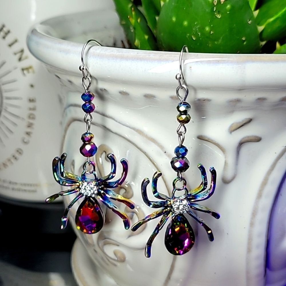 Multi Colored Elegant Beaded Spider Halloween Dangle Earrings